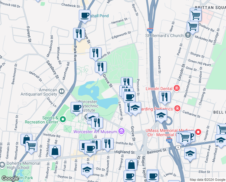 map of restaurants, bars, coffee shops, grocery stores, and more near 141 Grove St in Worcester