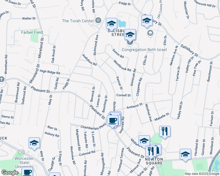 map of restaurants, bars, coffee shops, grocery stores, and more near 42 Beeching Street in Worcester
