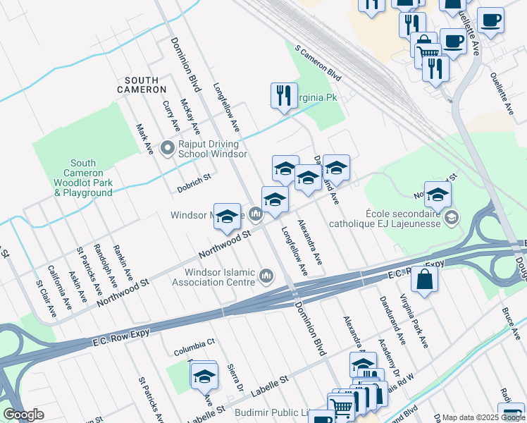 map of restaurants, bars, coffee shops, grocery stores, and more near 1234 Northwood Street in Windsor