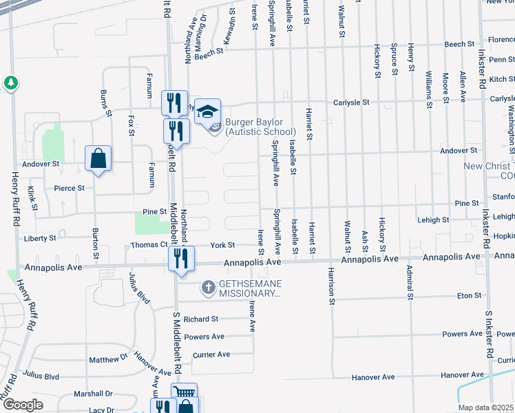 map of restaurants, bars, coffee shops, grocery stores, and more near 4306 Bridgeport Court in Inkster
