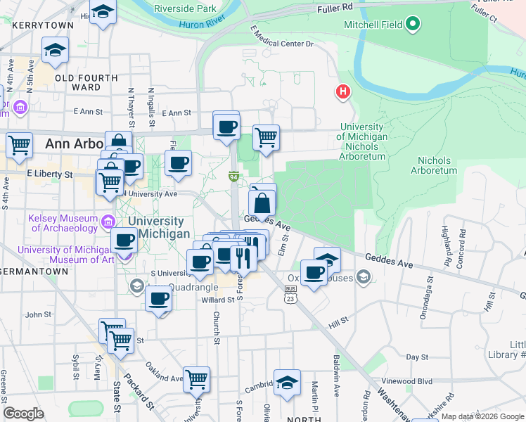 map of restaurants, bars, coffee shops, grocery stores, and more near 1341 Geddes Avenue in Ann Arbor