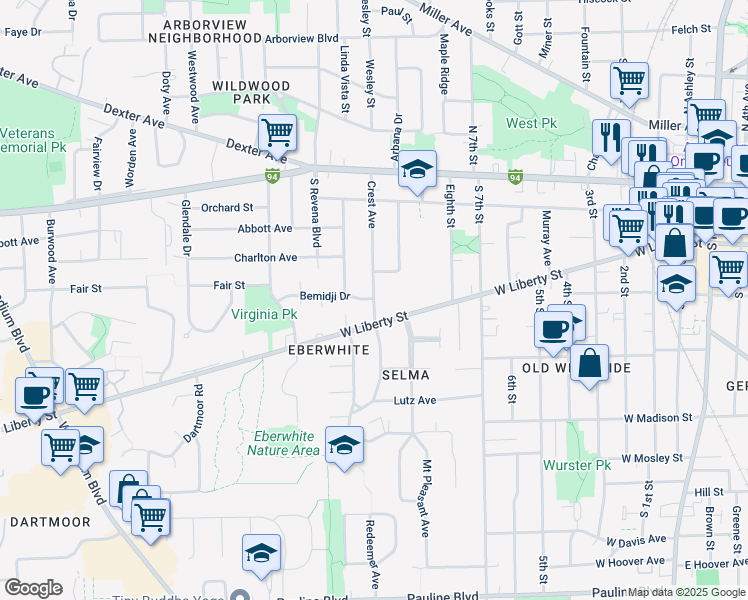 map of restaurants, bars, coffee shops, grocery stores, and more near 327 Crest Avenue in Ann Arbor