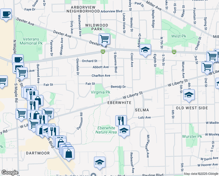 map of restaurants, bars, coffee shops, grocery stores, and more near 531 Ventura Court in Ann Arbor