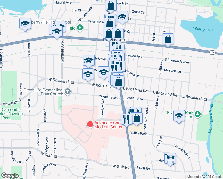 map of restaurants, bars, coffee shops, grocery stores, and more near 146 West Austin Avenue in Libertyville