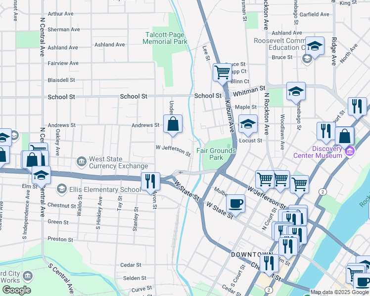 map of restaurants, bars, coffee shops, grocery stores, and more near 302 Leather Court in Rockford