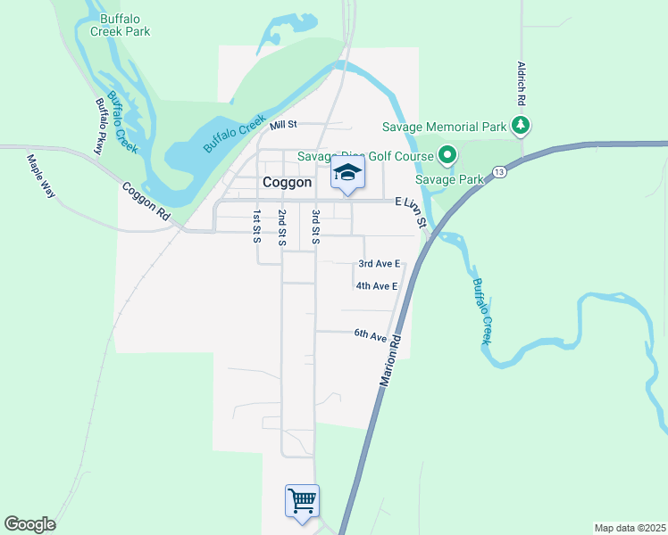 map of restaurants, bars, coffee shops, grocery stores, and more near 325 3rd Street South in Coggon