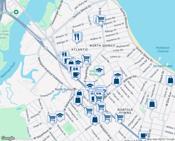 map of restaurants, bars, coffee shops, grocery stores, and more near 57 East Squantum Street in Quincy