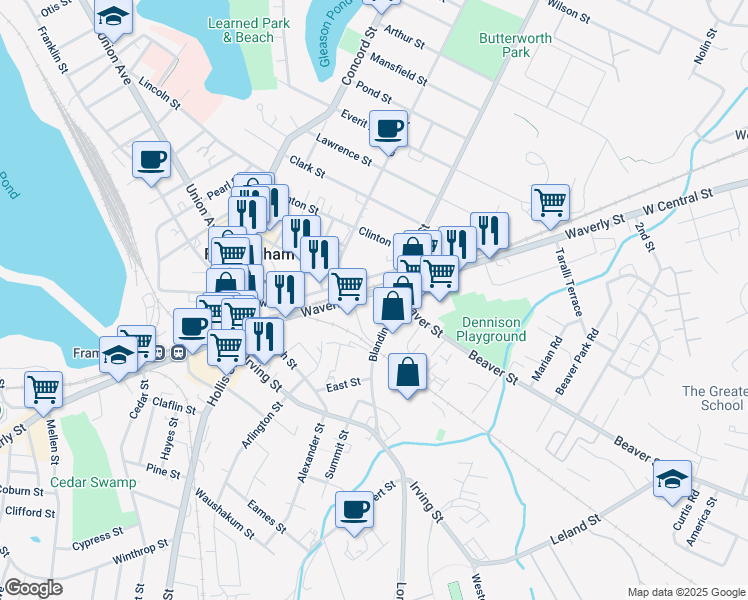map of restaurants, bars, coffee shops, grocery stores, and more near 266 Waverly Street in Framingham