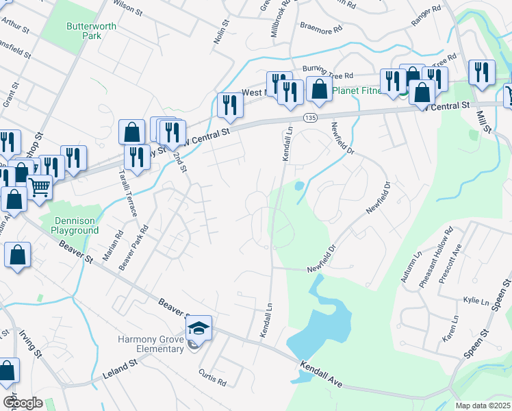 map of restaurants, bars, coffee shops, grocery stores, and more near 3 Village Hill Lane in Natick