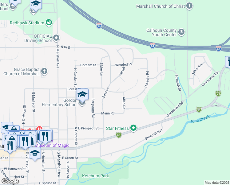 map of restaurants, bars, coffee shops, grocery stores, and more near 820 Forest Street in Marshall