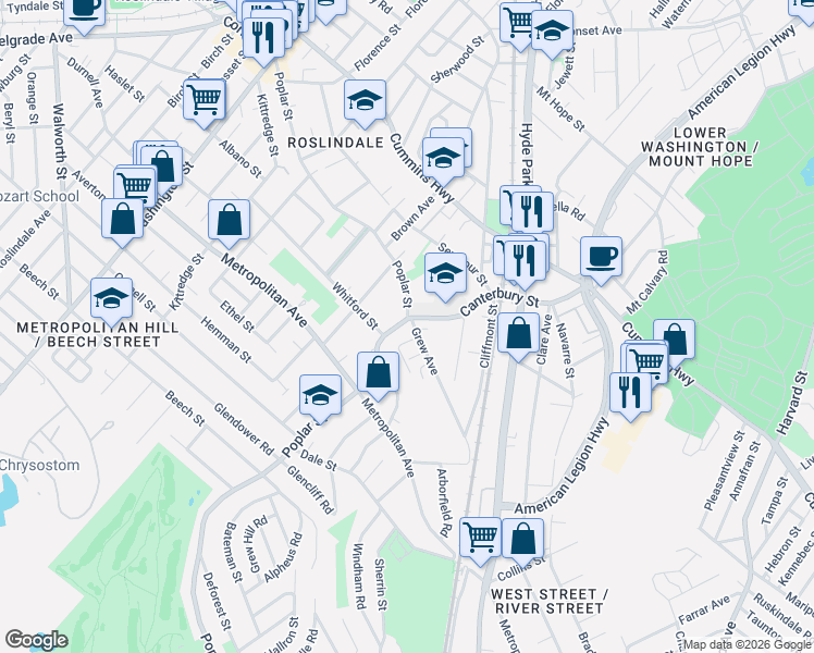 map of restaurants, bars, coffee shops, grocery stores, and more near 1 Grew Avenue in Boston