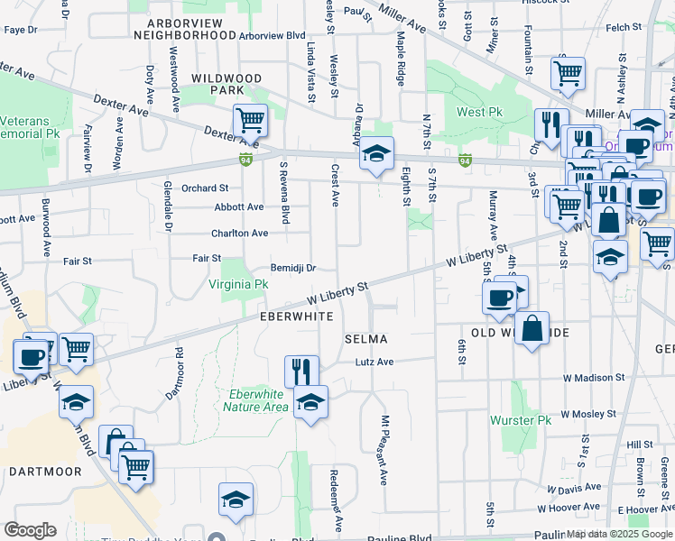 map of restaurants, bars, coffee shops, grocery stores, and more near Crest Avenue in Ann Arbor
