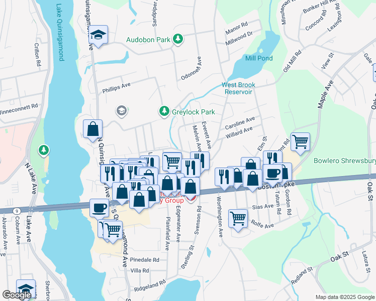 map of restaurants, bars, coffee shops, grocery stores, and more near 1 Sadler Avenue in Shrewsbury
