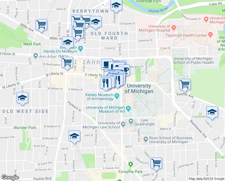map of restaurants, bars, coffee shops, grocery stores, and more near Maynard Street in Ann Arbor