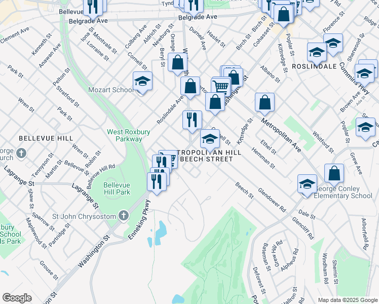 map of restaurants, bars, coffee shops, grocery stores, and more near 4560 Washington Street in Boston