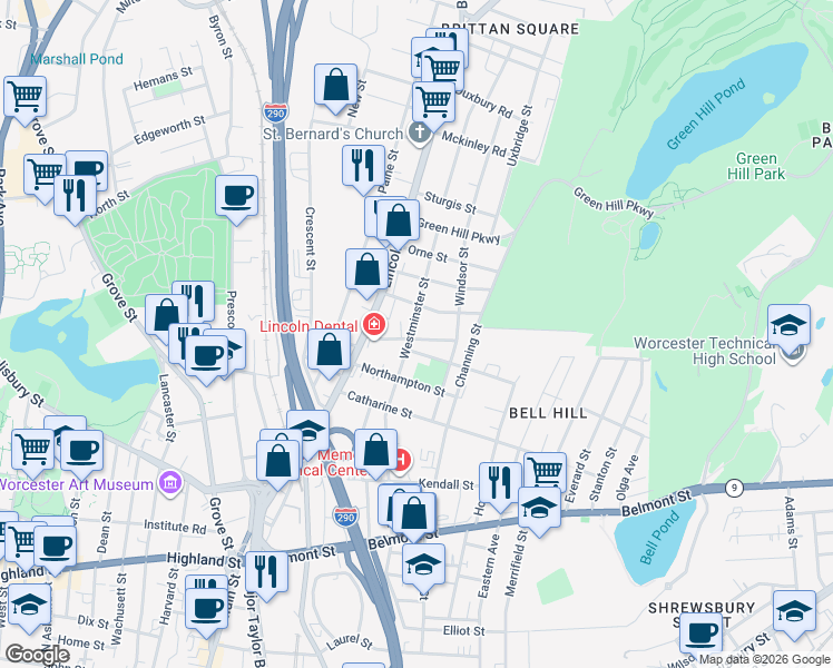 map of restaurants, bars, coffee shops, grocery stores, and more near 21 Westminster Street in Worcester