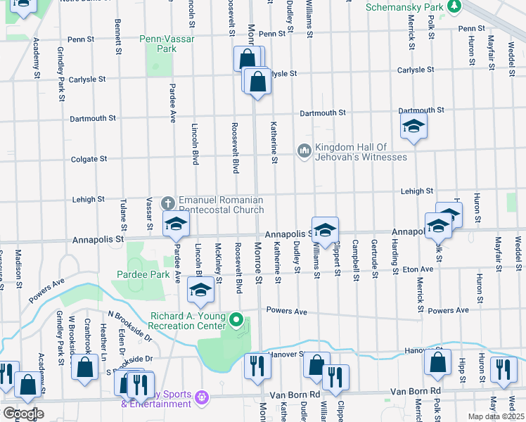map of restaurants, bars, coffee shops, grocery stores, and more near 4472 Katherine Street in Dearborn Heights