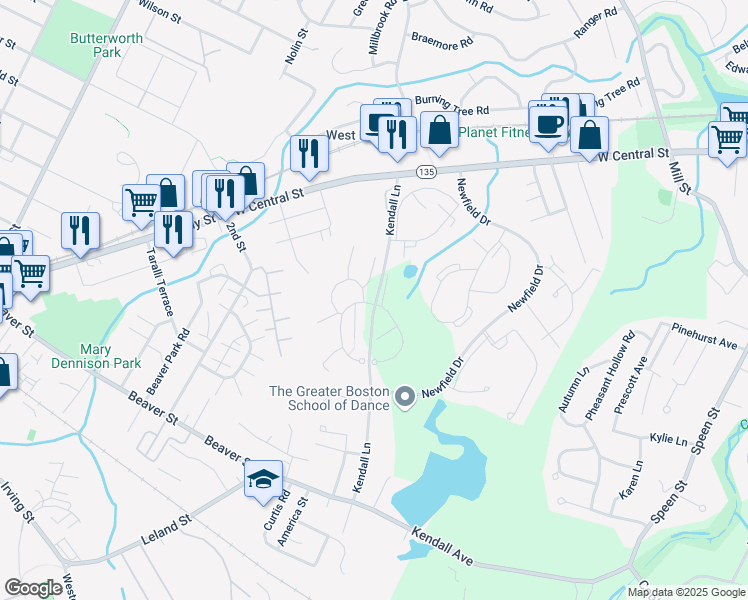 map of restaurants, bars, coffee shops, grocery stores, and more near 19 Village Hill Lane in Natick