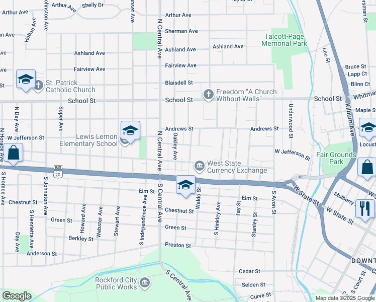 map of restaurants, bars, coffee shops, grocery stores, and more near 216 Irving Avenue in Rockford