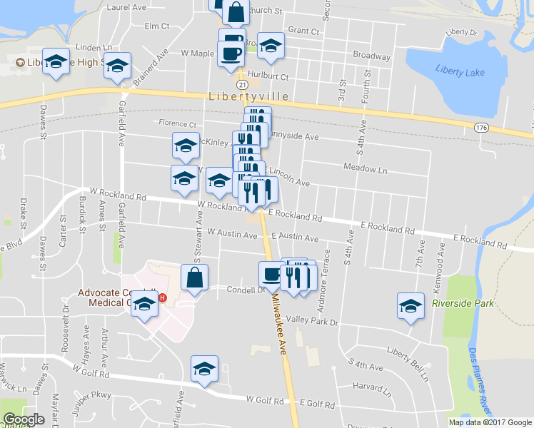 map of restaurants, bars, coffee shops, grocery stores, and more near 502 South Milwaukee Avenue in Libertyville