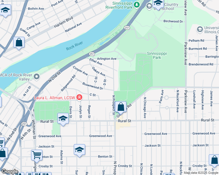 map of restaurants, bars, coffee shops, grocery stores, and more near 888 North Prospect Street in Rockford