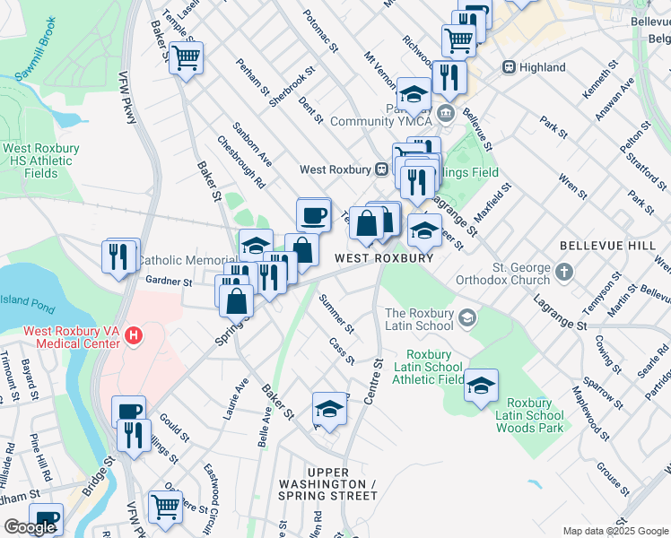 map of restaurants, bars, coffee shops, grocery stores, and more near 45 Spring Street in Boston