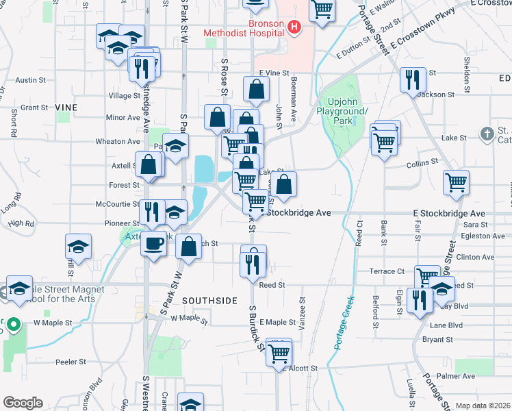 map of restaurants, bars, coffee shops, grocery stores, and more near 1321 South Burdick Street in Kalamazoo