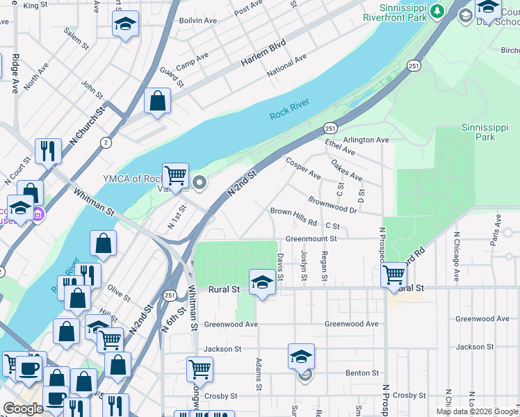 map of restaurants, bars, coffee shops, grocery stores, and more near 842 Ridgewood Road in Rockford
