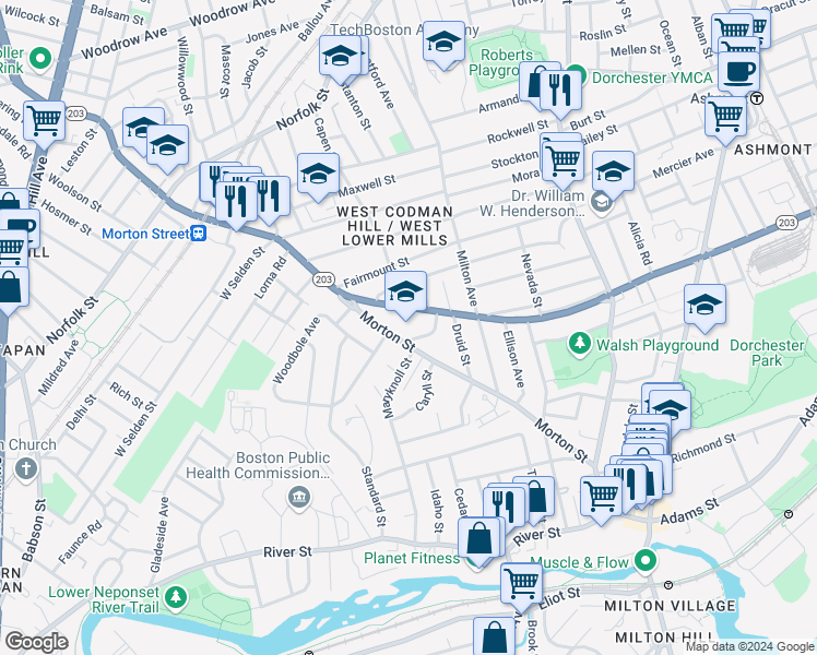 map of restaurants, bars, coffee shops, grocery stores, and more near 1060 Morton Street in Boston