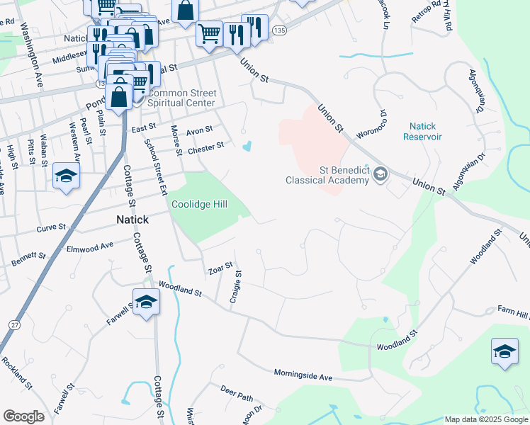 map of restaurants, bars, coffee shops, grocery stores, and more near 52 Lincoln Street Extension in Natick