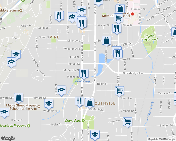 map of restaurants, bars, coffee shops, grocery stores, and more near 427 Den Adel Court in Kalamazoo