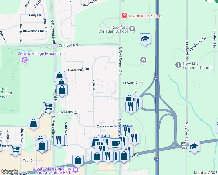 map of restaurants, bars, coffee shops, grocery stores, and more near 906 McKnight Circle in Rockford