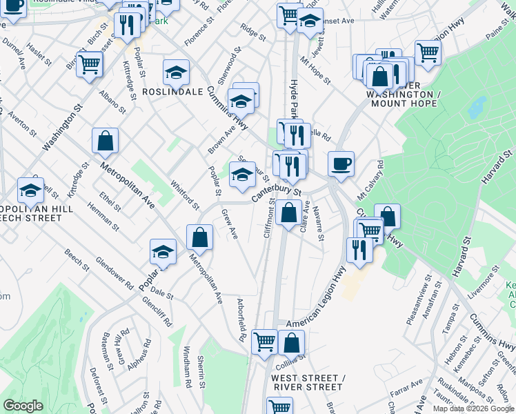 map of restaurants, bars, coffee shops, grocery stores, and more near 2 Pinedale Road in Boston