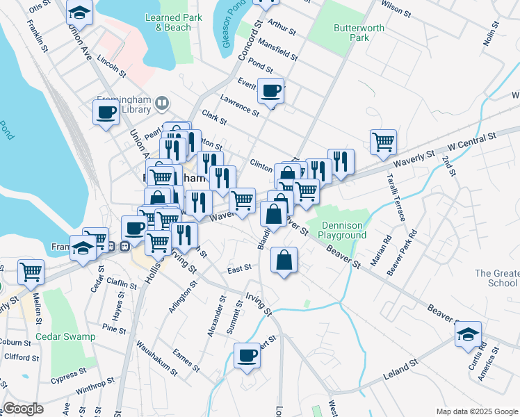 map of restaurants, bars, coffee shops, grocery stores, and more near 266 Waverly Street in Framingham