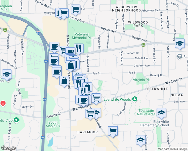 map of restaurants, bars, coffee shops, grocery stores, and more near 2129 Fair Street in Ann Arbor
