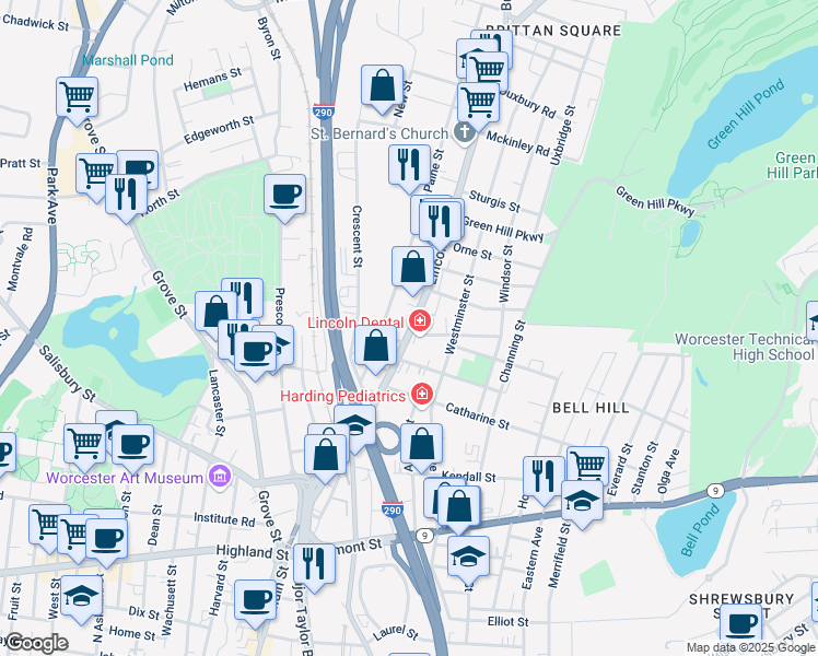 map of restaurants, bars, coffee shops, grocery stores, and more near 134 Lincoln Street in Worcester
