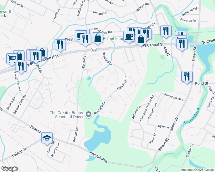 map of restaurants, bars, coffee shops, grocery stores, and more near 20 Woodbine Road in Natick