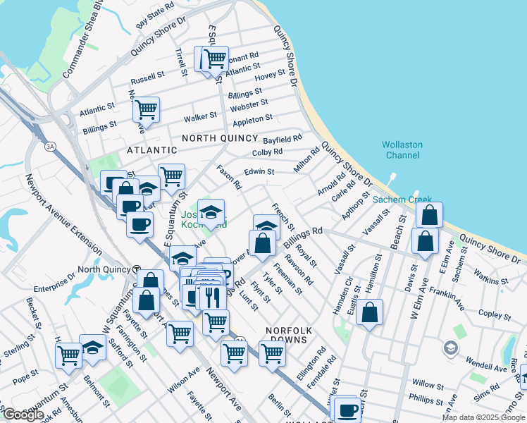 map of restaurants, bars, coffee shops, grocery stores, and more near 100 Faxon Road in Quincy