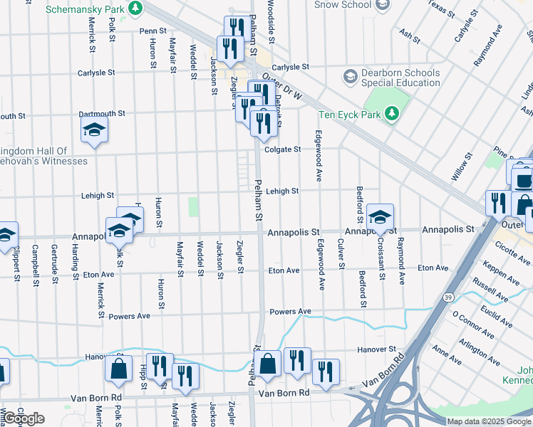 map of restaurants, bars, coffee shops, grocery stores, and more near 4500 Detroit Street in Dearborn Heights