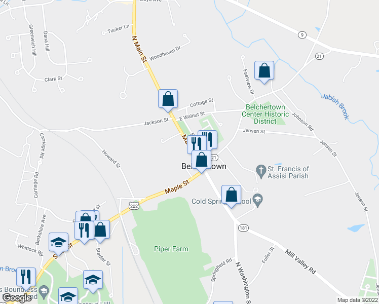 map of restaurants, bars, coffee shops, grocery stores, and more near 23 Main Street in Belchertown