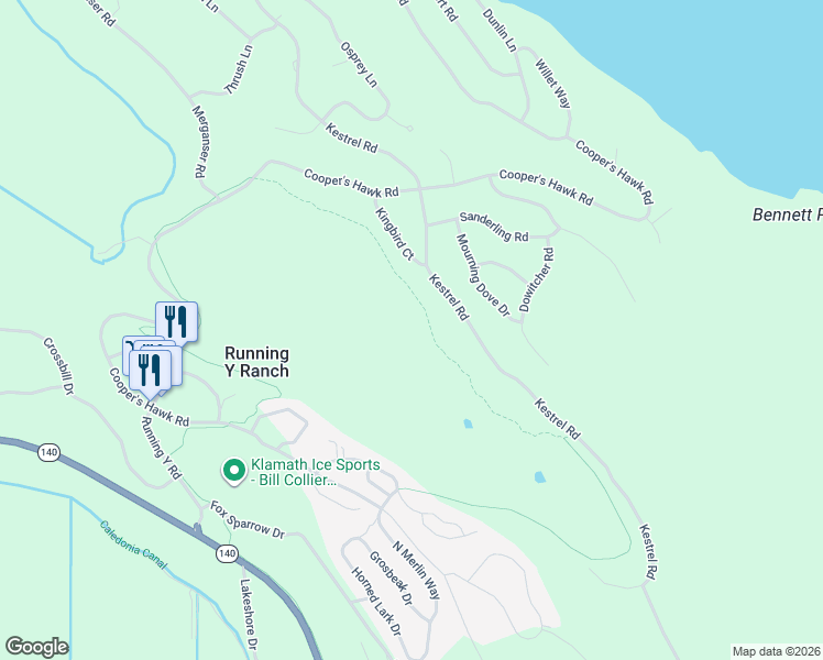 map of restaurants, bars, coffee shops, grocery stores, and more near 10180 Kestrel Road in Klamath Falls
