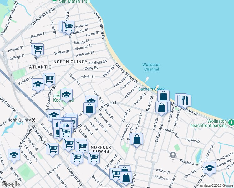 map of restaurants, bars, coffee shops, grocery stores, and more near 18 Apthorp Street in Quincy