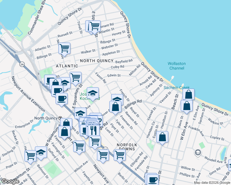map of restaurants, bars, coffee shops, grocery stores, and more near 100 Faxon Road in Quincy