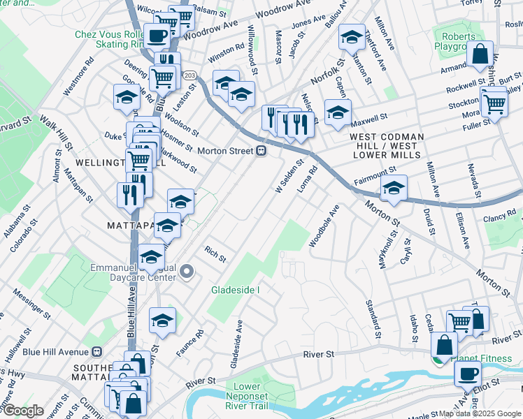 map of restaurants, bars, coffee shops, grocery stores, and more near 99 Lorna Road in Boston