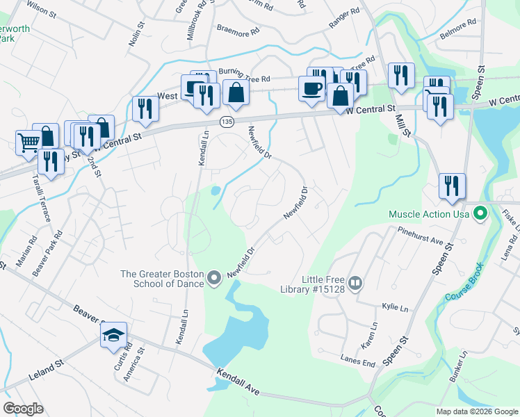 map of restaurants, bars, coffee shops, grocery stores, and more near 25 Woodbine Road in Natick