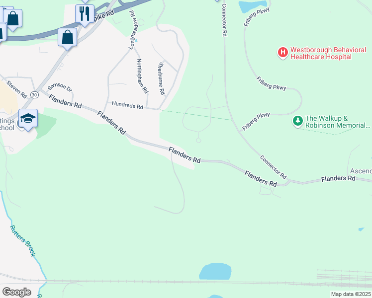 map of restaurants, bars, coffee shops, grocery stores, and more near 63 Flanders Road in Westborough