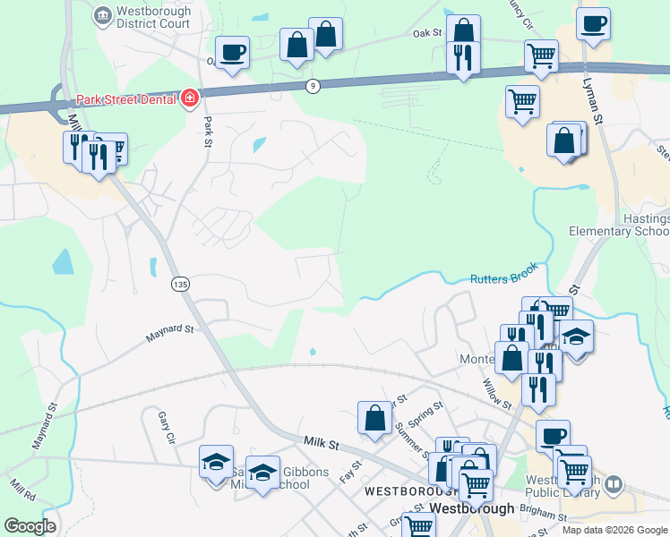 map of restaurants, bars, coffee shops, grocery stores, and more near 48 Robin Road in Westborough