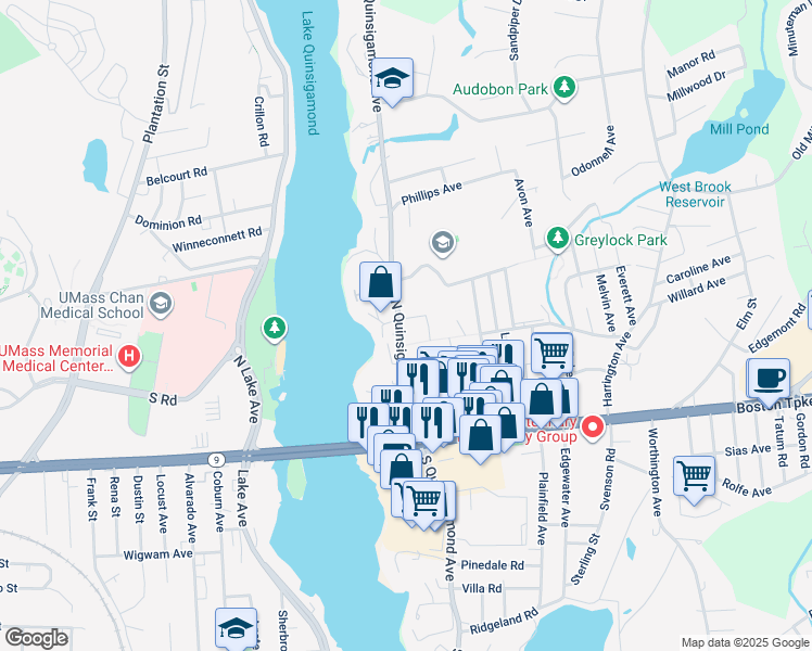 map of restaurants, bars, coffee shops, grocery stores, and more near 46 North Quinsigamond Avenue in Shrewsbury