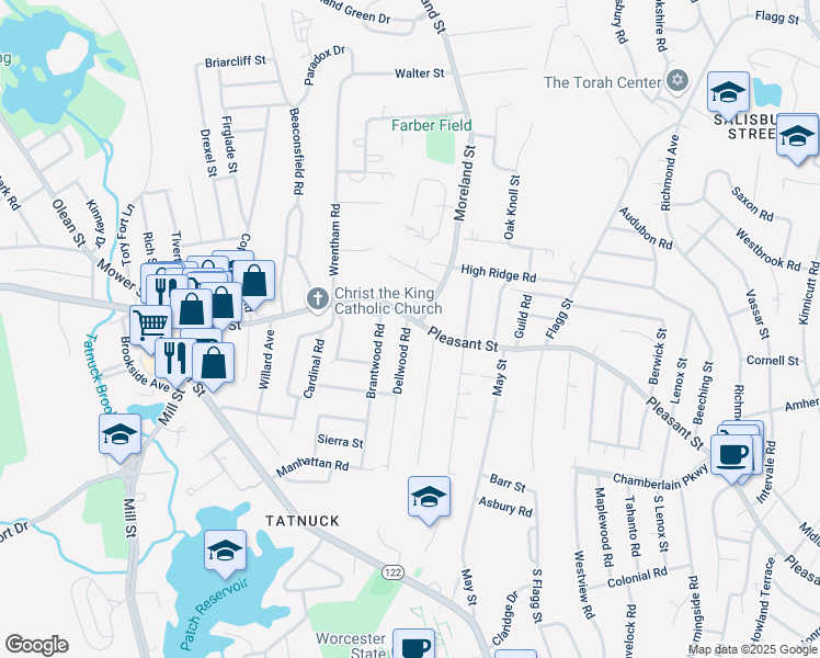 map of restaurants, bars, coffee shops, grocery stores, and more near 3 Dellwood Road in Worcester
