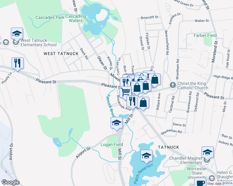 map of restaurants, bars, coffee shops, grocery stores, and more near 5 Mapleleaf Road in Worcester